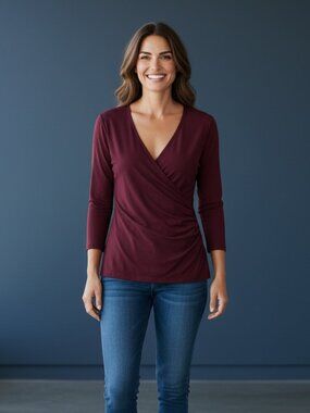 Women's Wrap-Front Long Sleeve Top in Burgundy